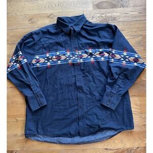 VTG Wrangler Western Shirt Men 2XL Blue Aztec Pearl Snap Rodeo Cowboy Southwest